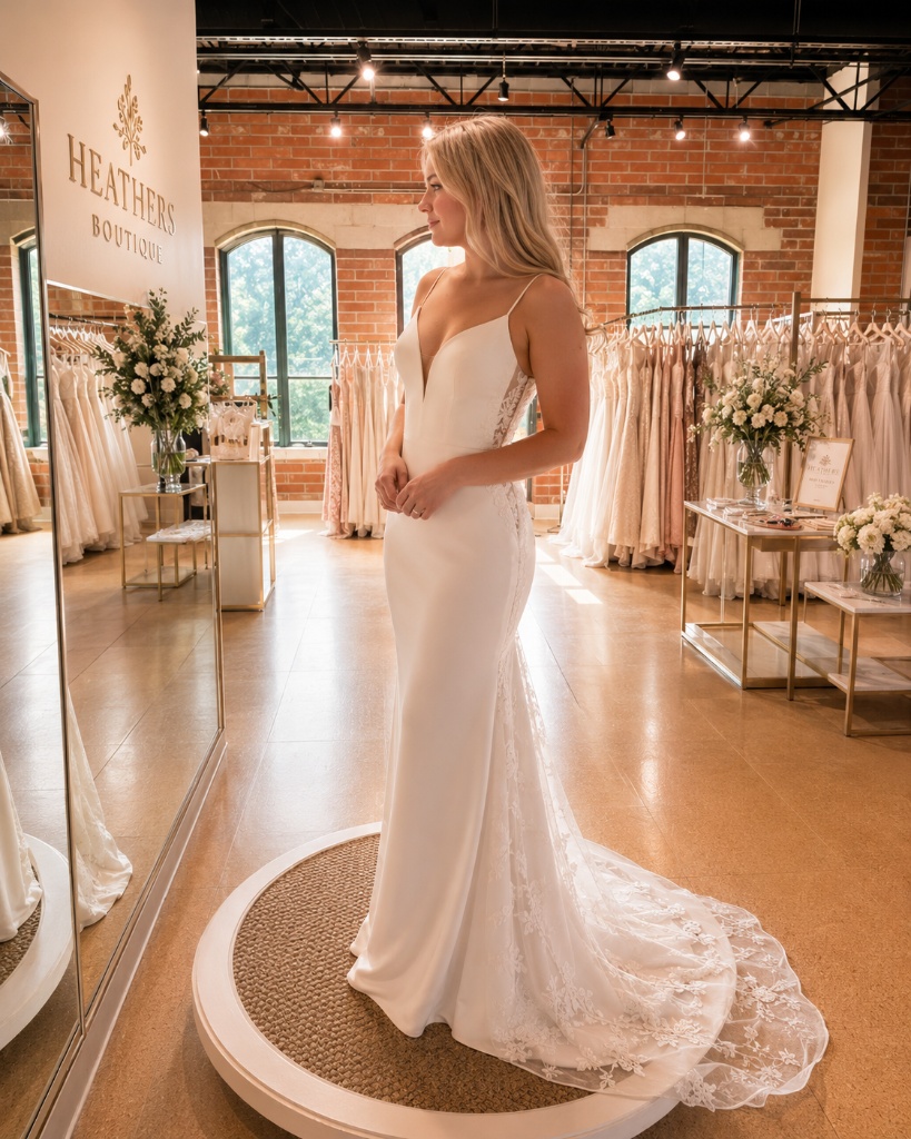 Wedding dresses at Heather's Boutique bridal shop in Oconomowoc, Wisconsin — serving Milwaukee and Lake Country brides